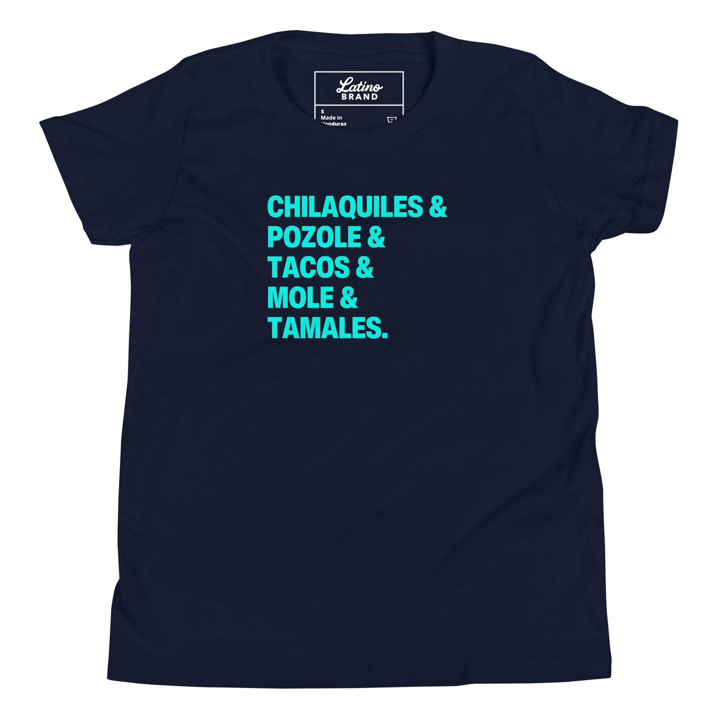 kids tshirts List of Mexican dishes in turquoise text on a navy background