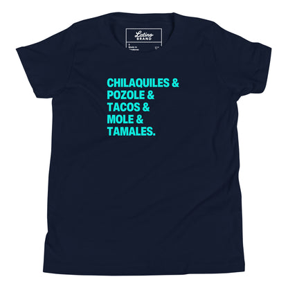 kids tshirts List of Mexican dishes in turquoise text on a navy background